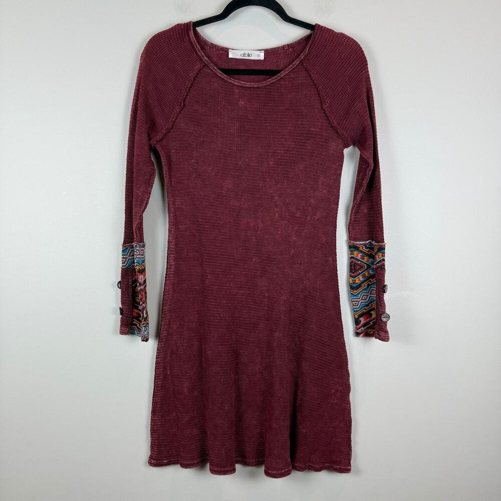 Able Sweater Dress Women's Small Burgundy Texture Knit Geometric Button Cuffs